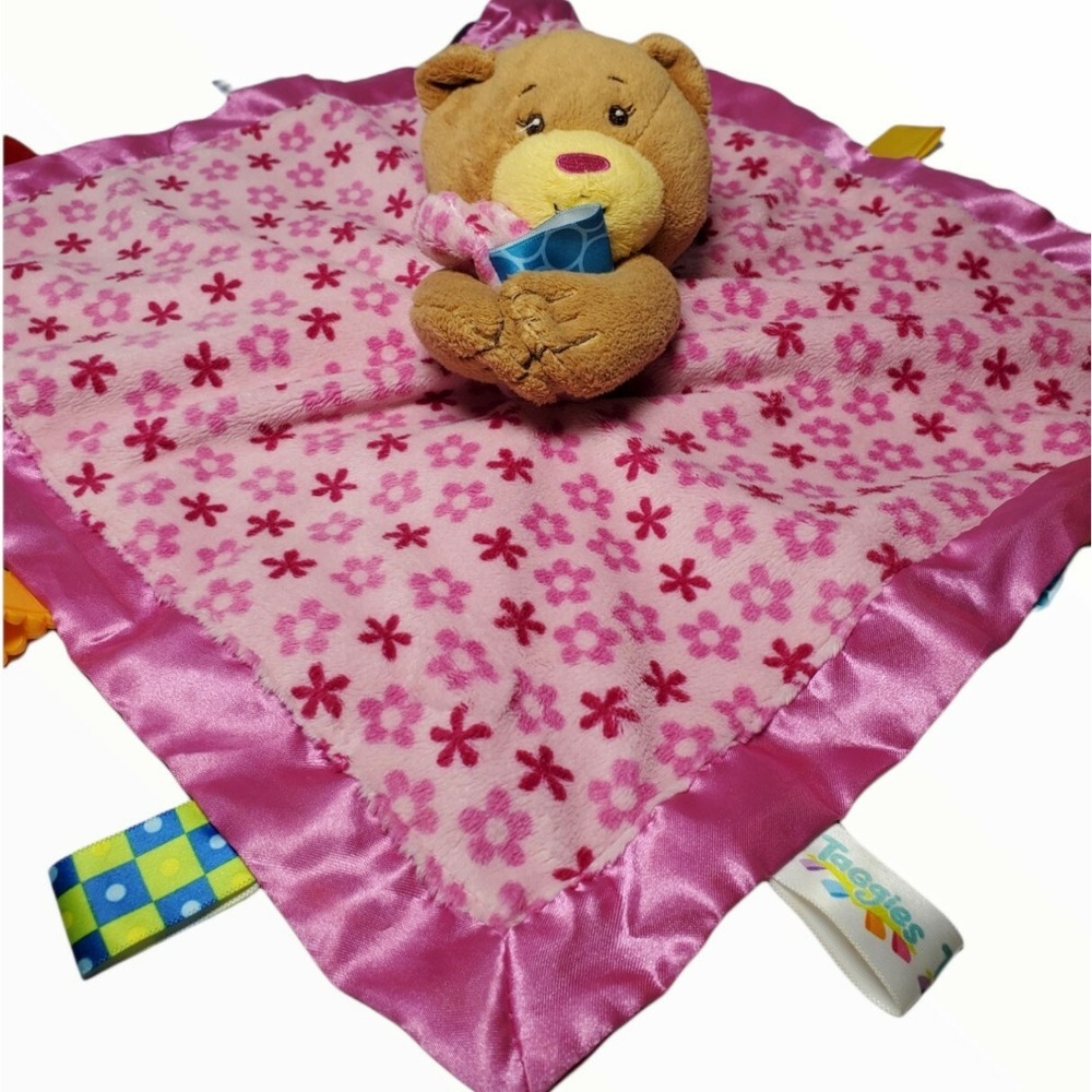 Taggies Bear Baby Security Blanket Pink Flower Ribbons Sensory‎ Satin Plush Moon